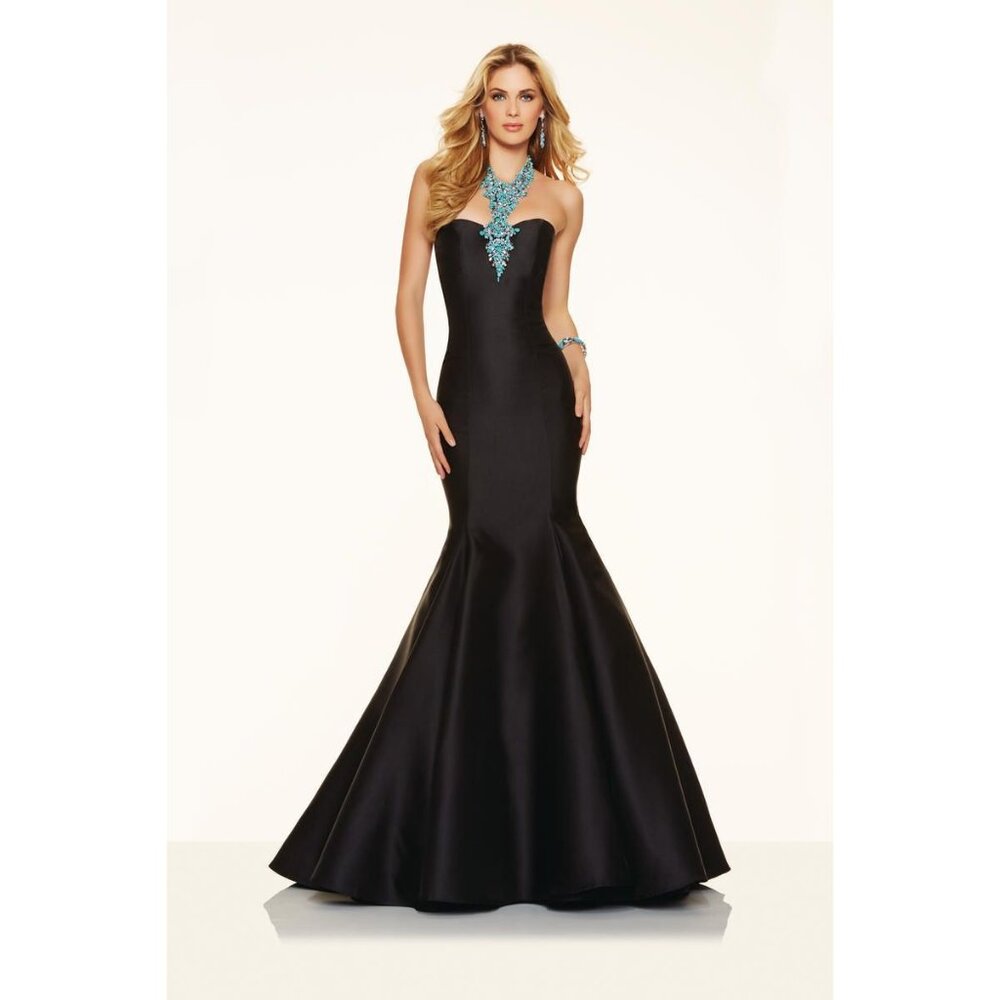 Morilee Black Strapless Mermaid Gown W/ Turquoise & Rhinestone Neckpiece 12 - Picture 2 of 10